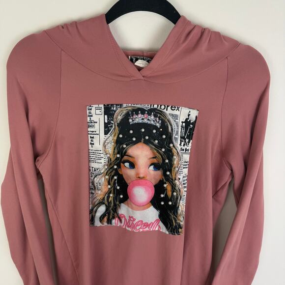 TMG New York Womens Girl Bubble Gum Queen Pearl Graphic Pink Hoodie Dress Medium - Picture 3 of 10